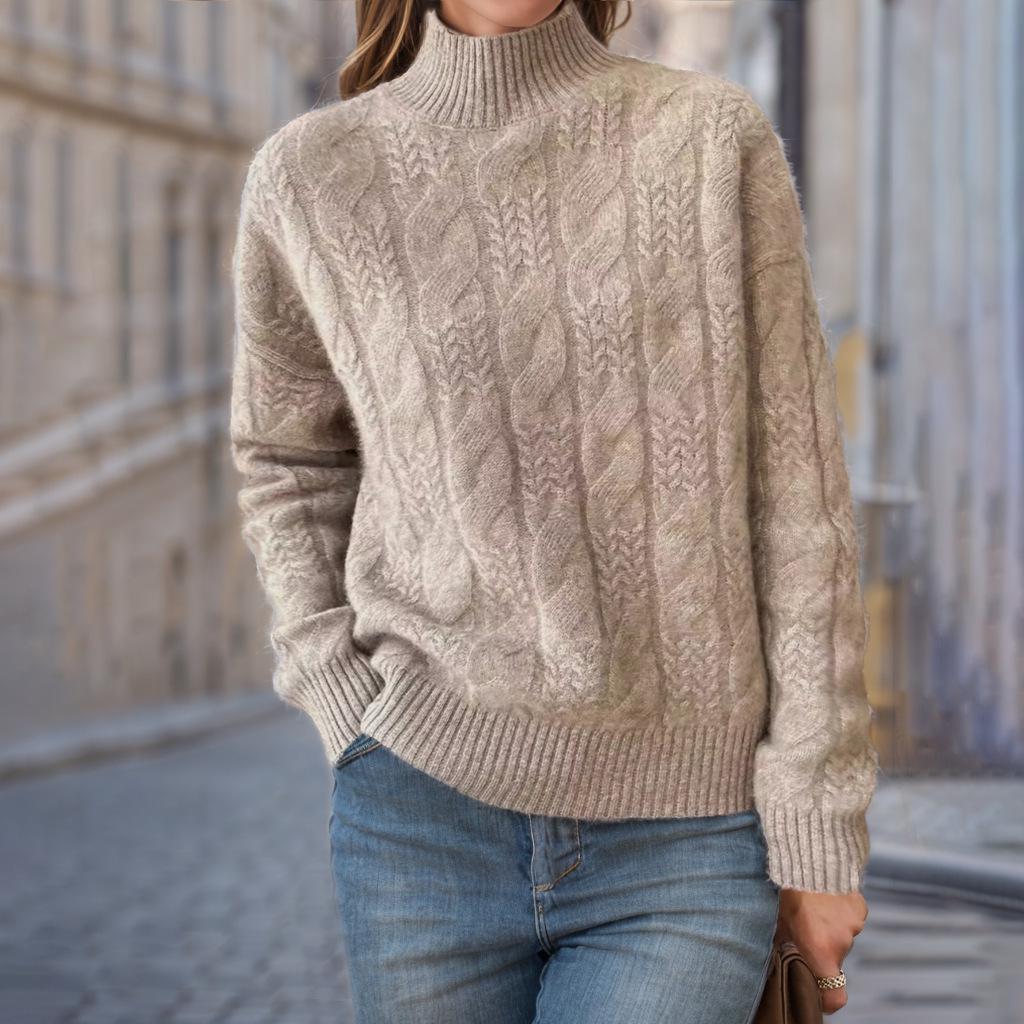 Damen Retro Zopfmusterpullover - 2024 Herbst/Winter, Verdickt, Halber Rollkragen, Unifarben.