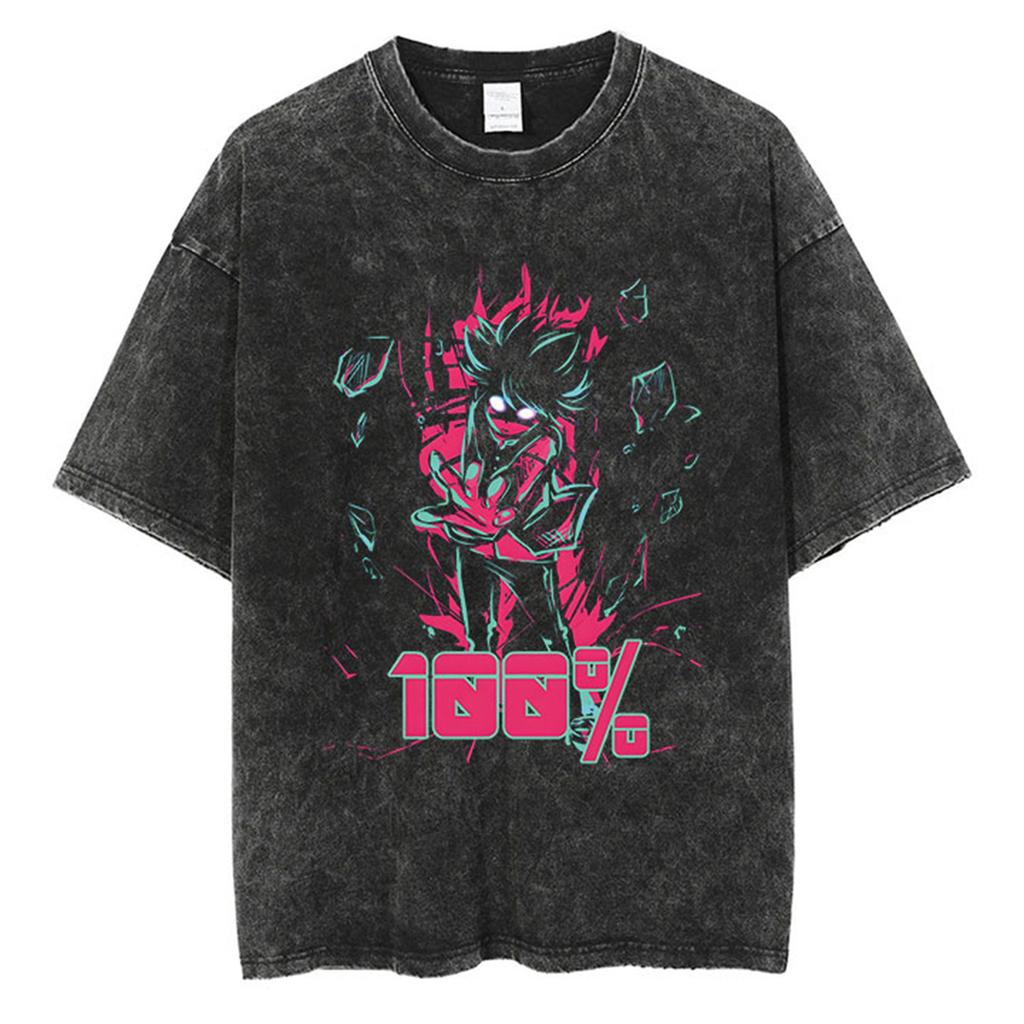 Anime Mob Psycho Graphic Washed T Shirt Men Streetwear Harajuku Vintage Cotton T-Shirt Summer Short Sleeve Casual T Shirt