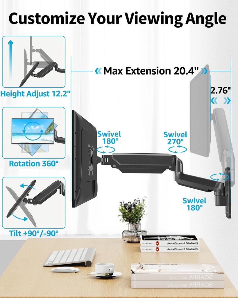 MOUNTUP PC Monitor Wall LCD Display Gas Compatible with Load Capacity Arm VESA75mm Vertical and Horizontal Angle Adjustment Arm, Mounted, Arm, Spring,