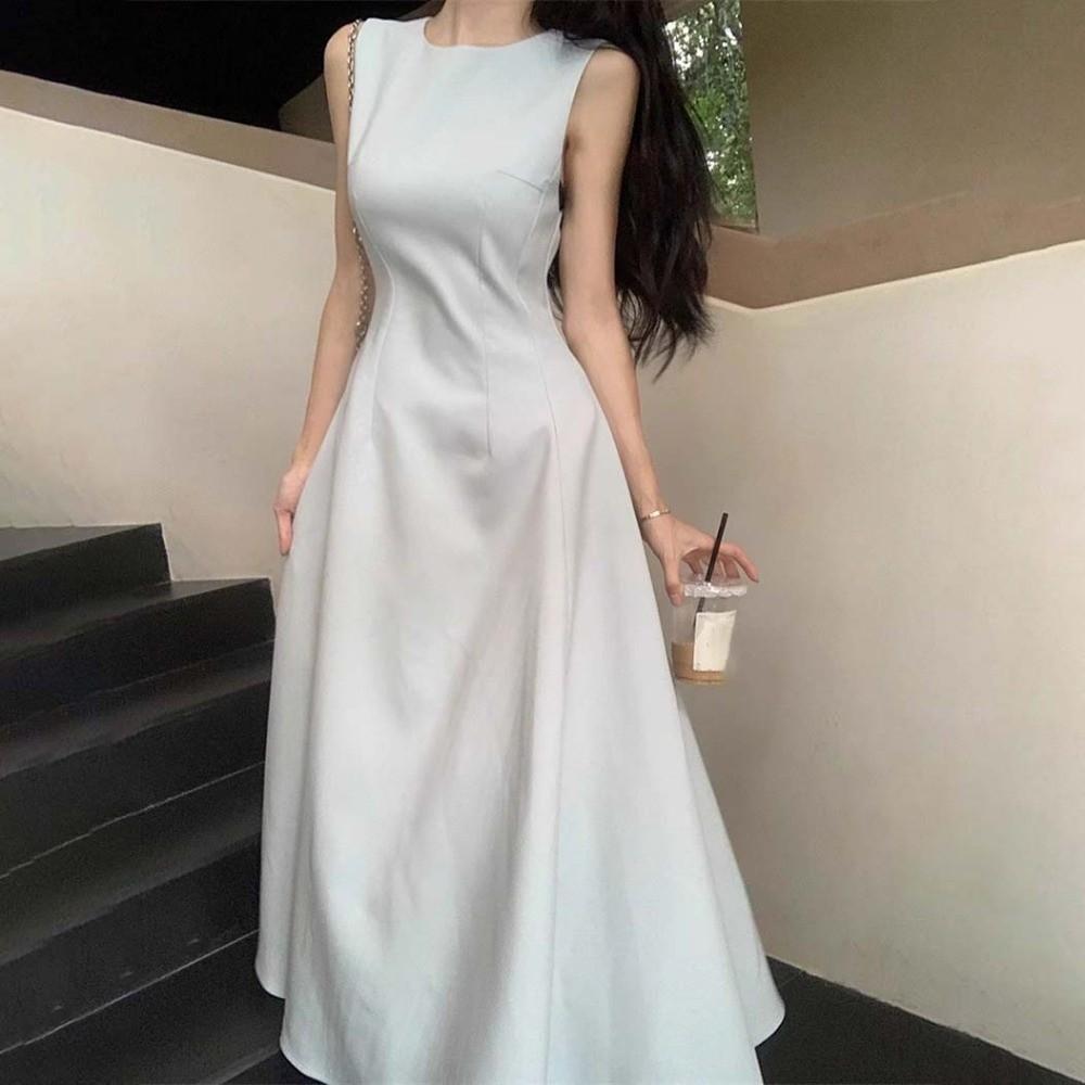 Sleeveless Vest Solid Color Long Skirt Temperament Women Korean Dress Sleeveless Long Dress  Party