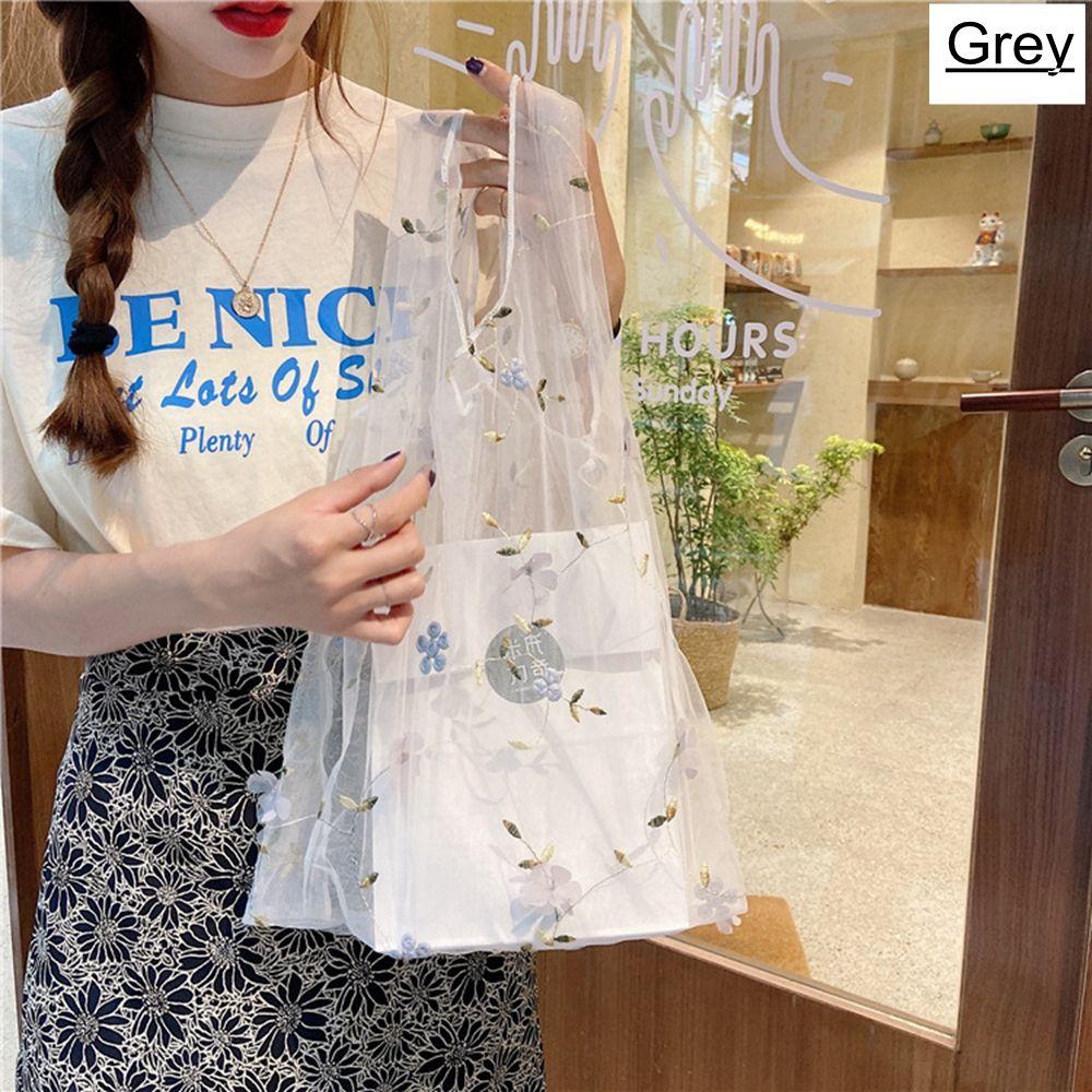 

Women Girls Purses Eco Mesh Handbags Embroidery HandBag Transparent Shopping Tote сірий
