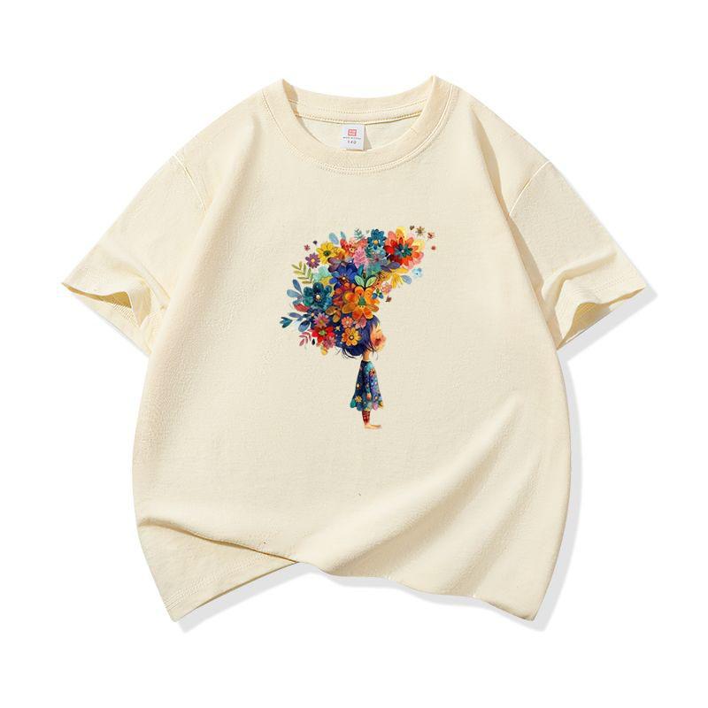 Kids Cotton T Shirt Multicolor Flower Girl Print Crew Neck Short Sleeve Tee Casual Breathable Boys Girls Summer Tops