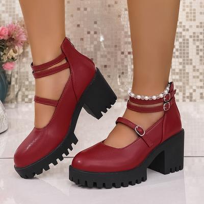 Modne Damskie Czółenka 2025 Nowe Duże Rozmiary Buty Lolita Kobieta Pasek na Kostkę Szpilki Podwójna Klamra Gruba Platforma Buty Mary Jane Kobieta