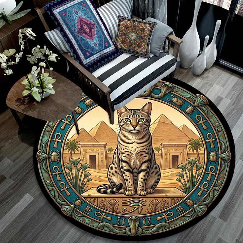 Egyptian Cat Pyramid Scene Round Area Rug Under Office Chairs Bedroom Living Room Home Decor