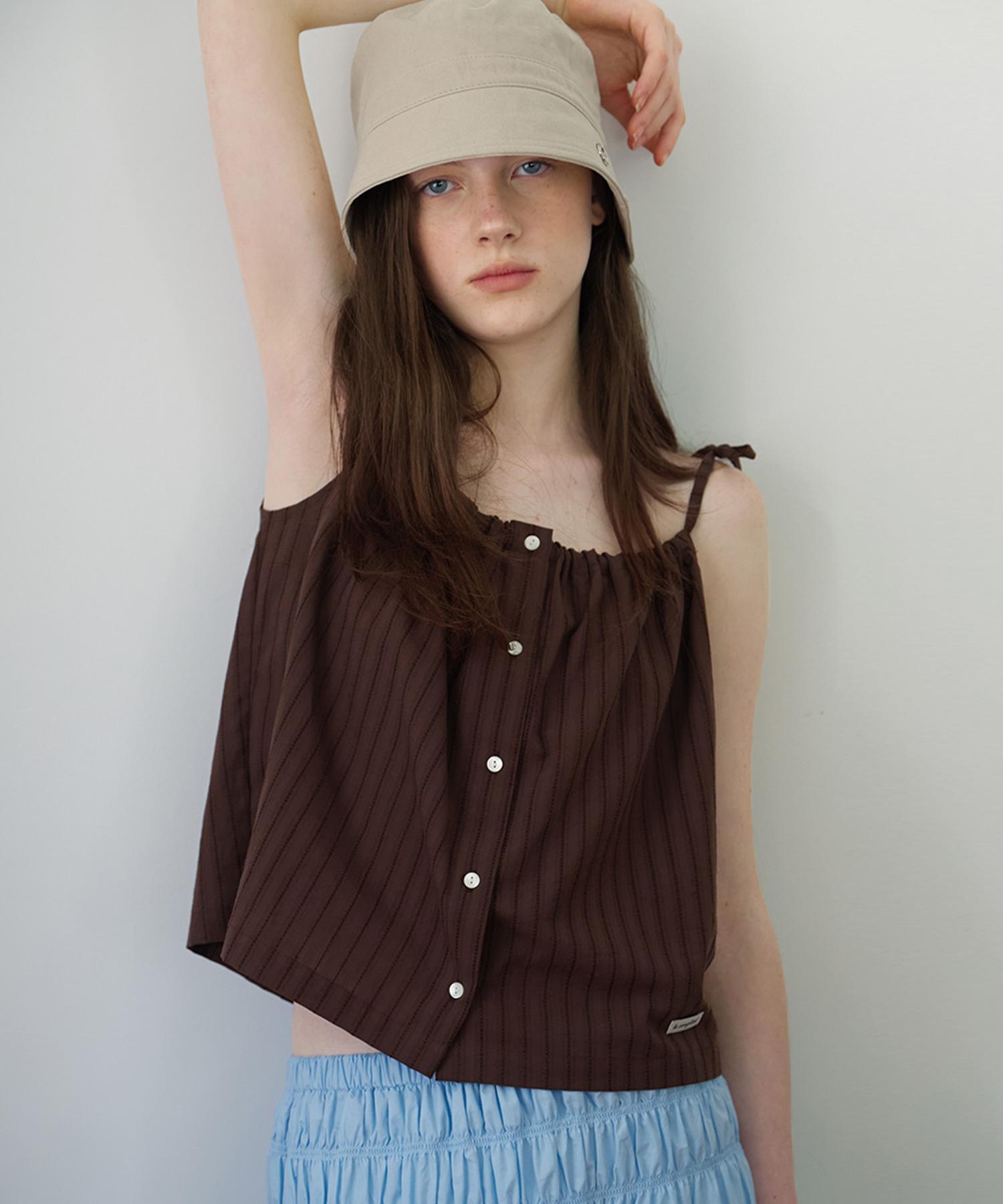 Button Banding Shirring Blouse (Brown) Brown