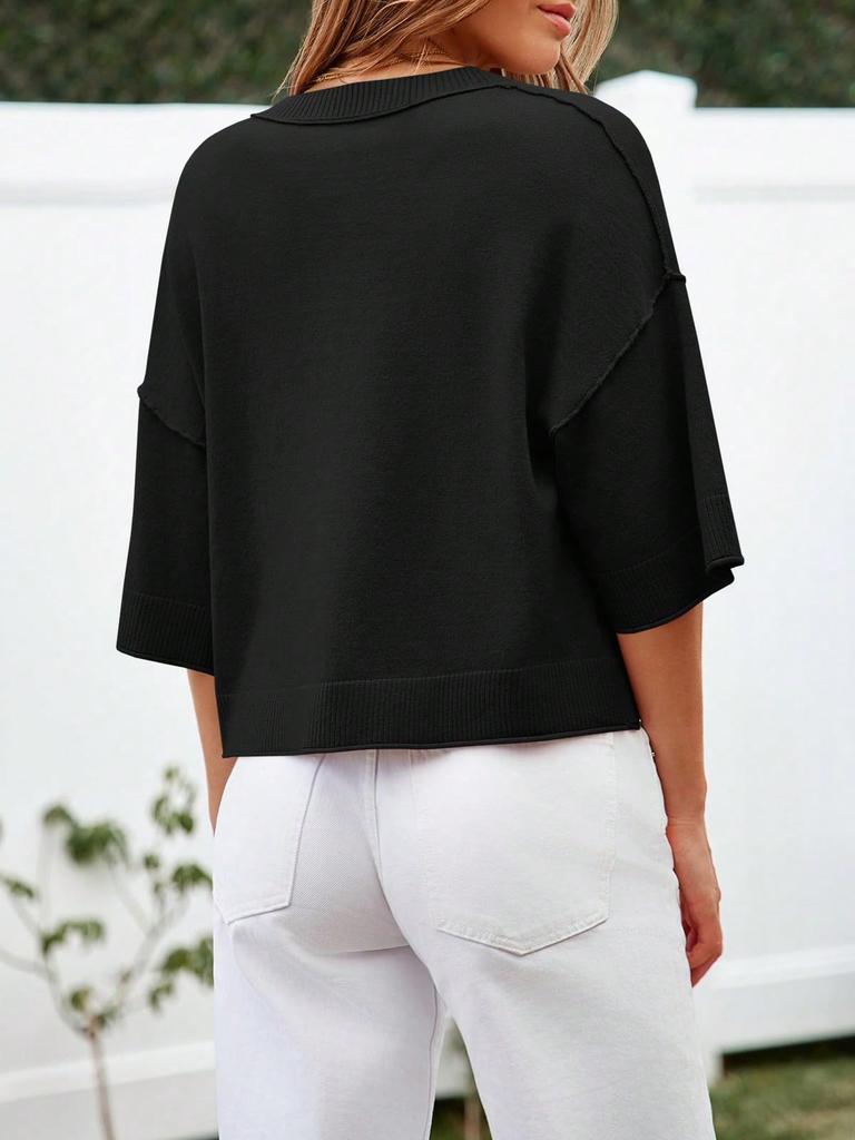 Women's Cropped Button Down Cardigan Sweater Half Sleeve Lightweight Ribbed Knit Top