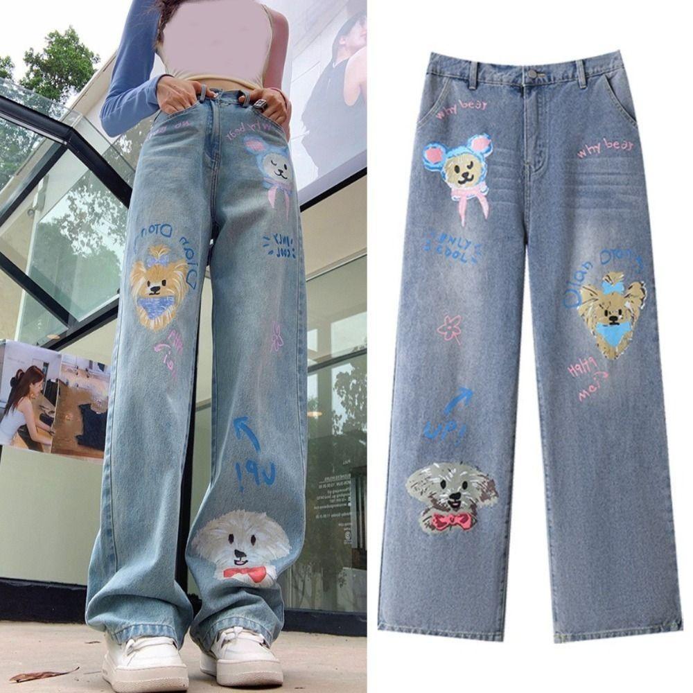 

Lovely Jeans Women Y2K Ins Cartoon Cowboy Pants Sweet Straight Denim Trousers Spring Autumn XXL синій