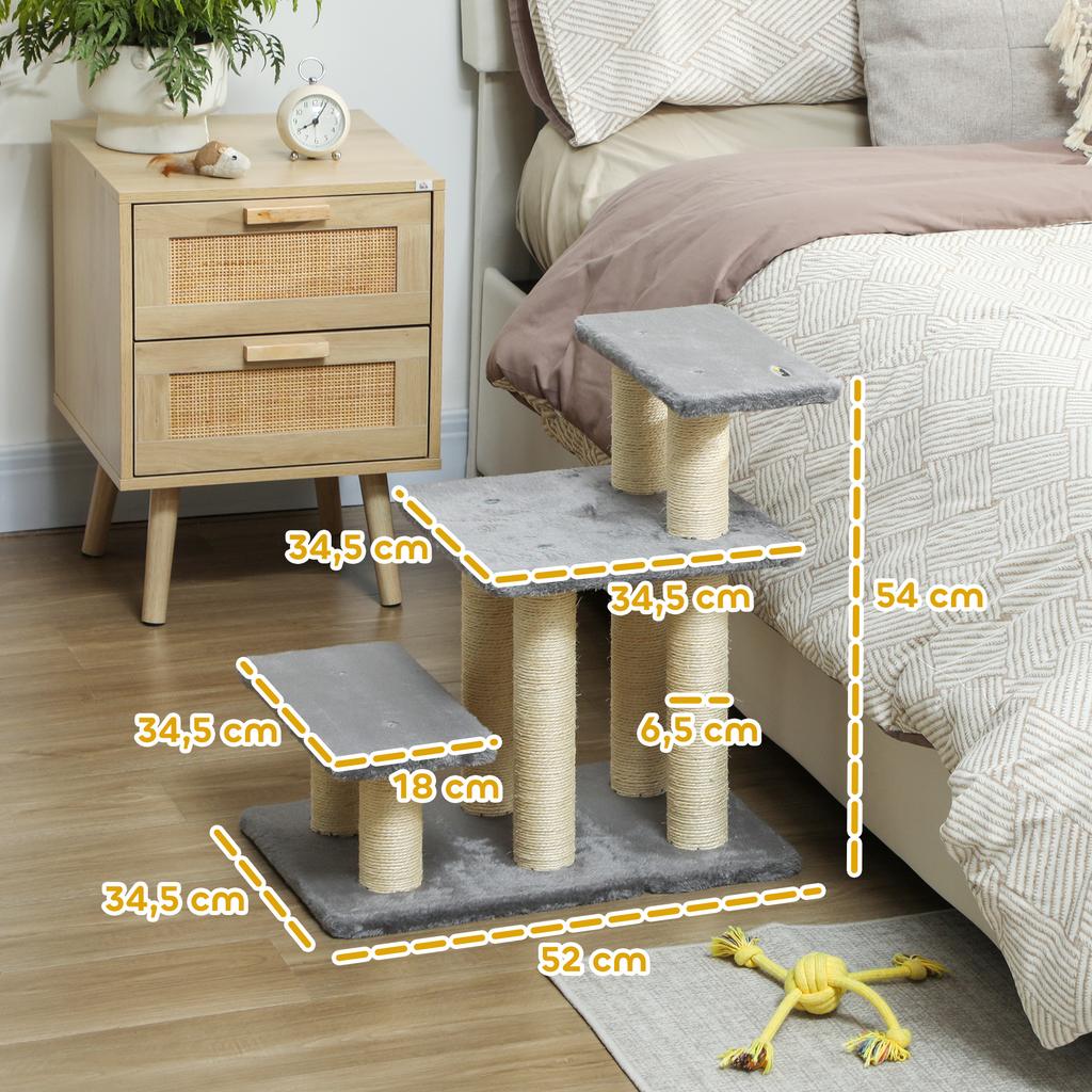 Pet Stairs, Adjustable 3-Step, Cat and Dog Ladder, Sisal Post, Ball, 52 x 34.5 x 54 cm, Grey