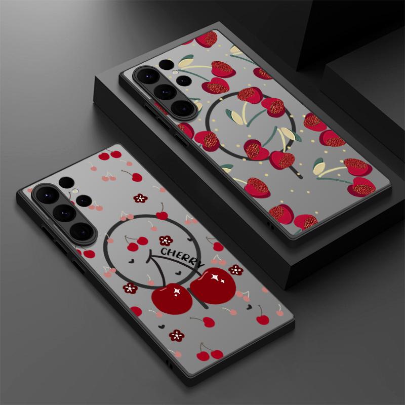 Magnetic Red Cherry Pattern Case For Samsung Galaxy S25 Edge S24 S23 S22 Ultra Plus S21 S24 FE For Magsafe Matte Hard PC Cover