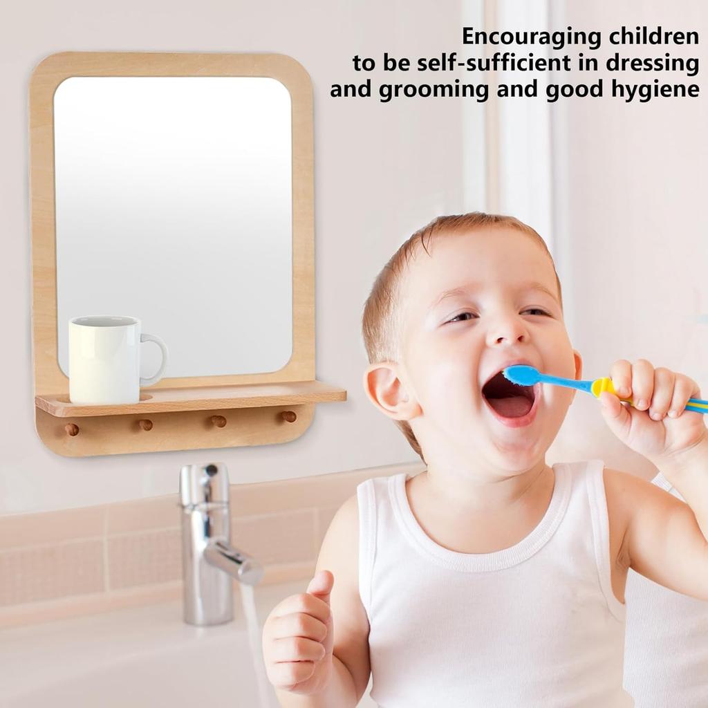Wooden and Acrylic Wall Mirror for Kids with Hooks and Shelf, Baby Safety Shatterproof Entryway Acrylic Wall Mirror, Unbreakable Wood Frame Toddler