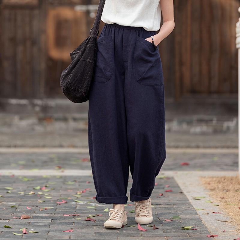 Johnature Women Vintage Harem Pants Solid Color Patchwork Pockets Trousers Elastic Waist Loose Pants