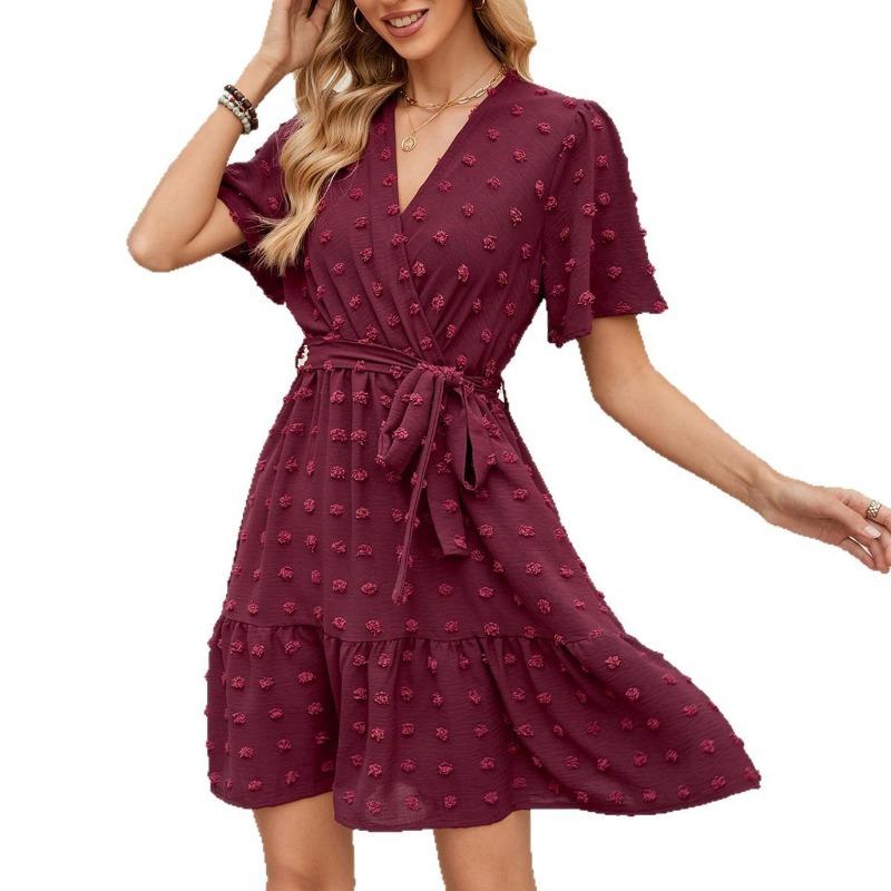 Women's V-neck Pom Pom Sleeve V-neck Waist Strap Summer Dress