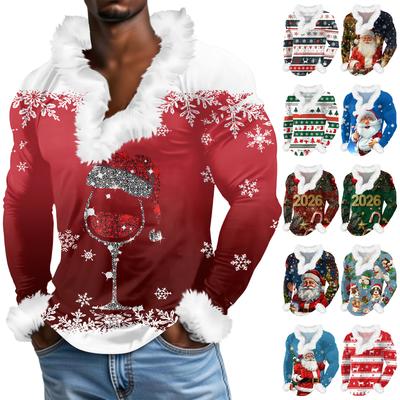 Men's Casual Christmas Printed Plush V-neck And Fleece Long-sleeved Sweatshirt