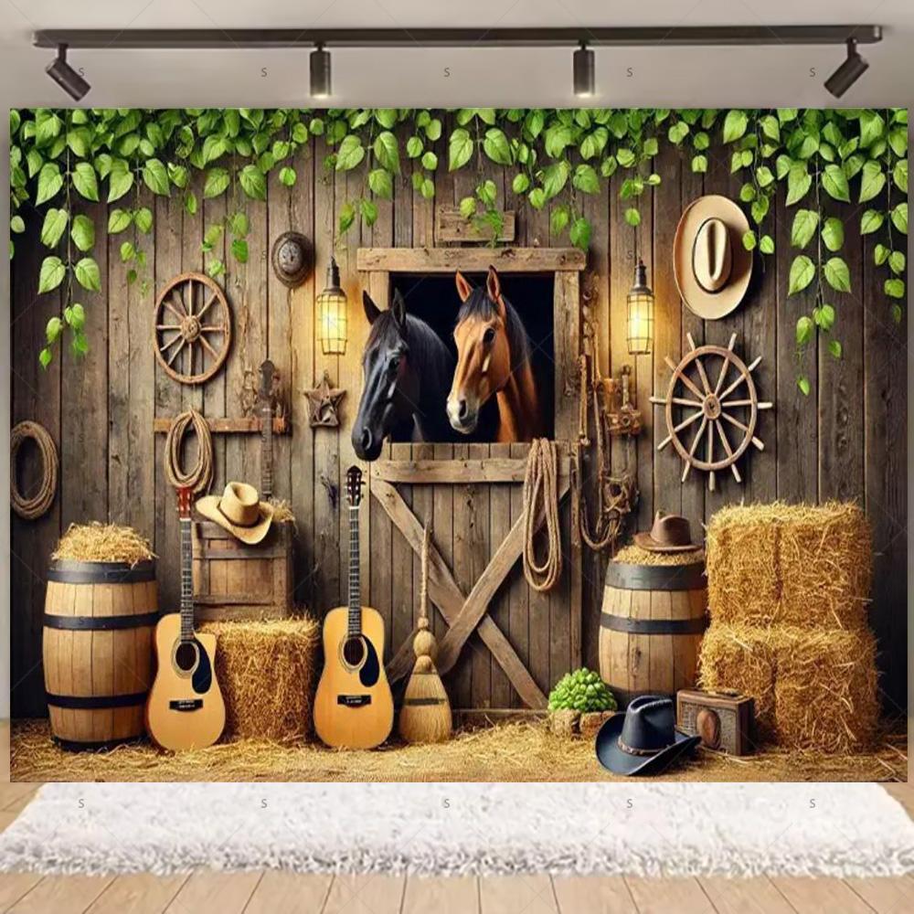 Western Cowboy Photography Backdrop Rustic Farm Barn Haystack Wood House Horse Wheel Background Party Decor Photo Shoot Props