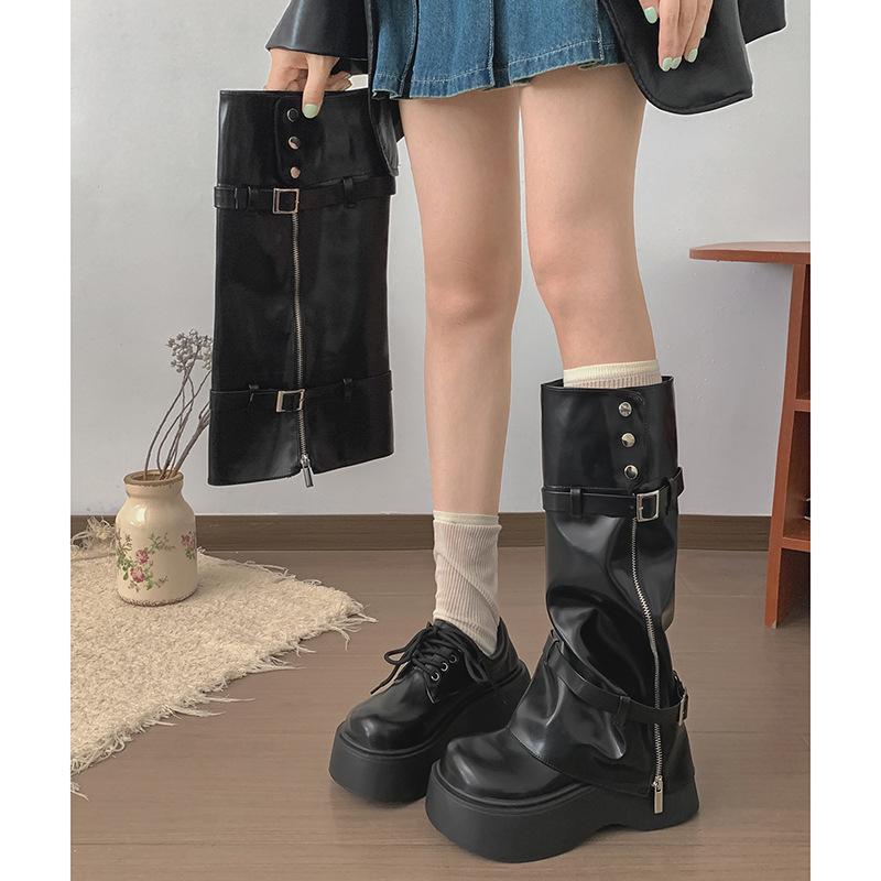Black retro British platform knight boots women's 2025 new summer versatile boots removable Mary Jane