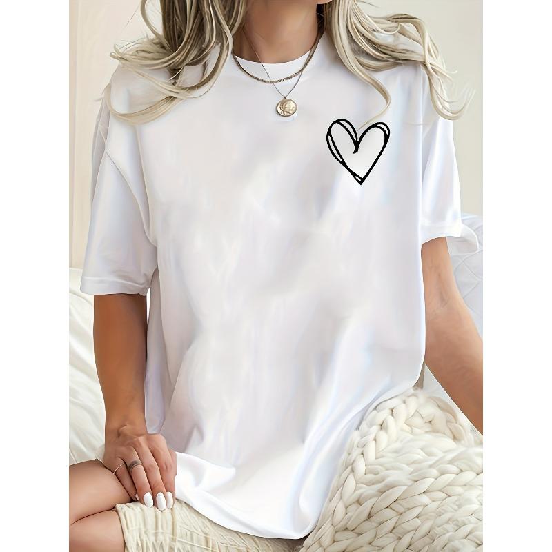 

European sizes Women s Plus Size Oversized White Short Sleeve T-Shirt - Heart Print Round Neck Blouse, Loose Fit Casual Summer, Machine Washable 4XL