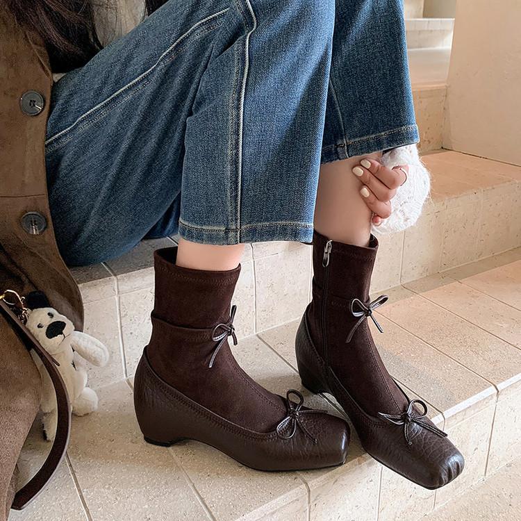 Sheepskin Version~ Retro Ballet Style Bow Thin Boots Women's French Autumn and Winter New Pig Nose Thick Heel Short Boots