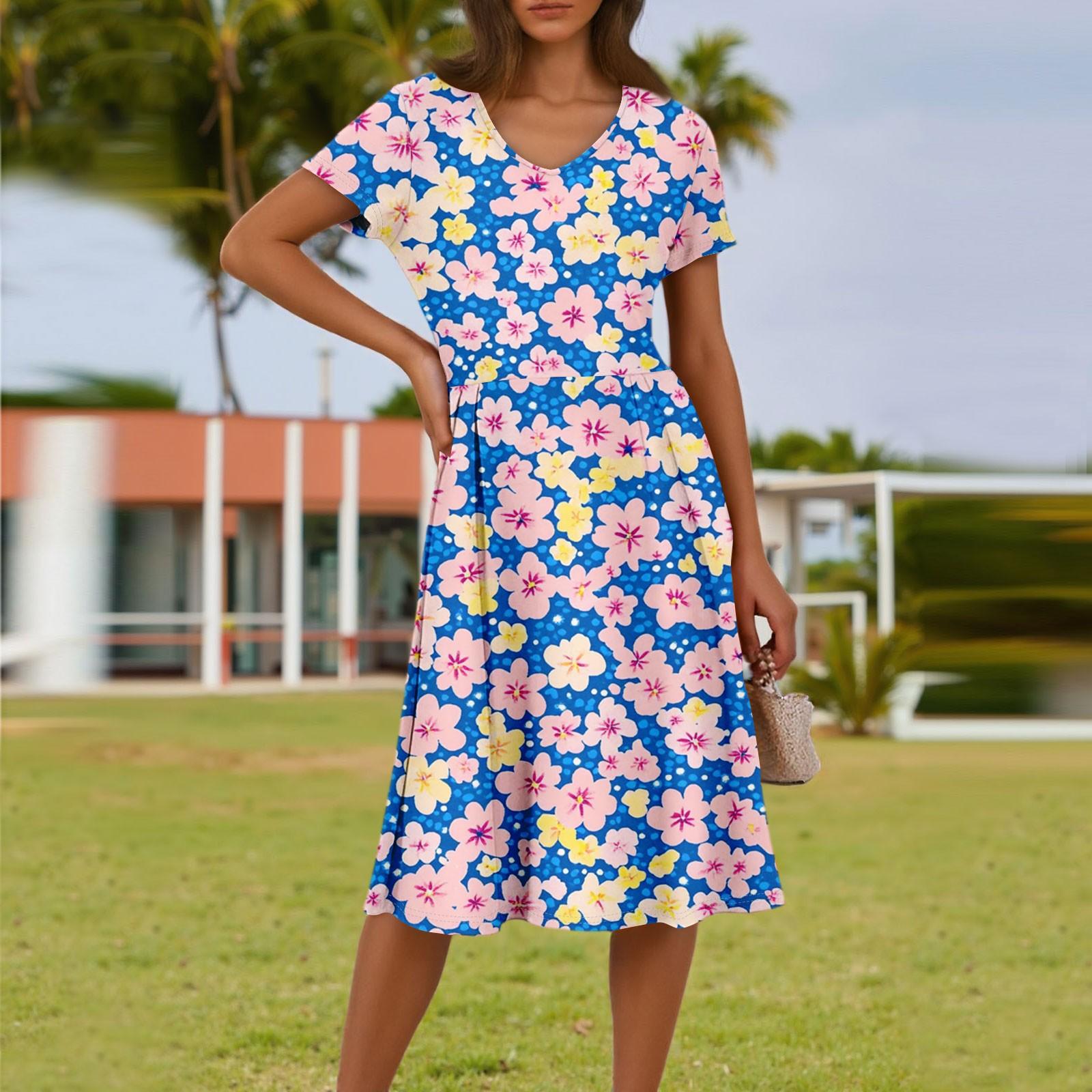 

Женское летнее модное повседневное платье с цветочным принтом, V-образным вырезом, короткими рукавами и карманом XXL