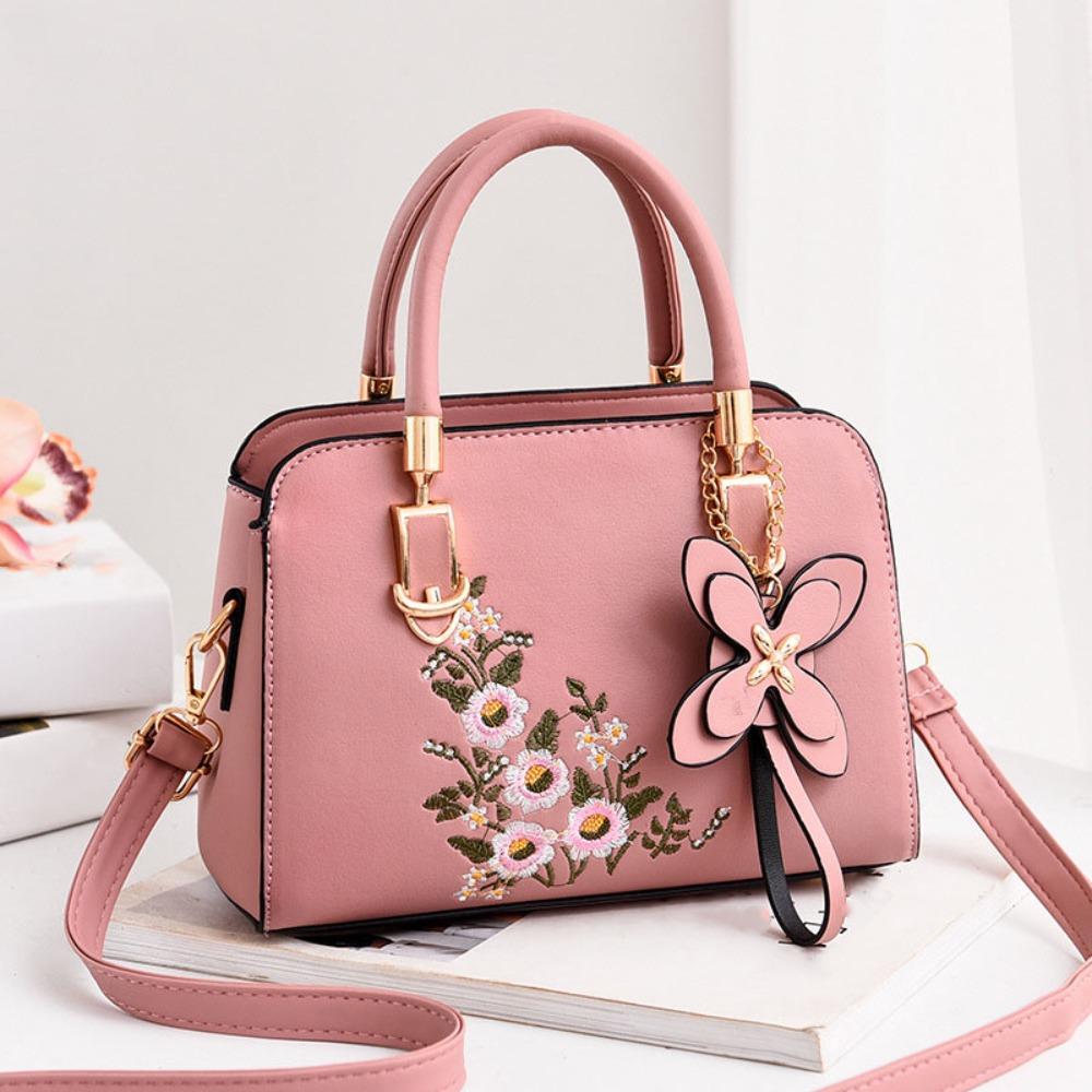 

Elegant PU Mommy Bag Y2K Pendant Large Capacity Embroidery Square Bag Tote Bag Sweet Elegant Shoulder Bag Mother s Day Gift рожевий
