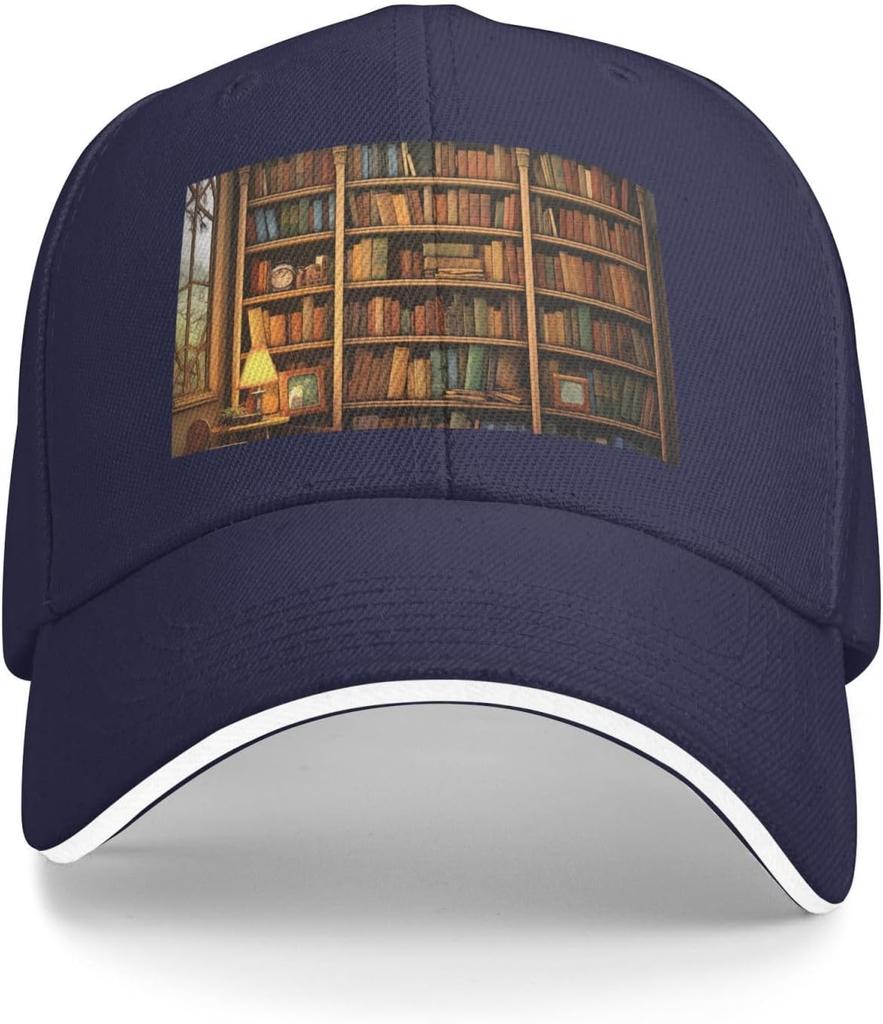 Retro Bookshelf Print Baseball Cap Adjustable Polyester Casual Dad Hat for Men Women