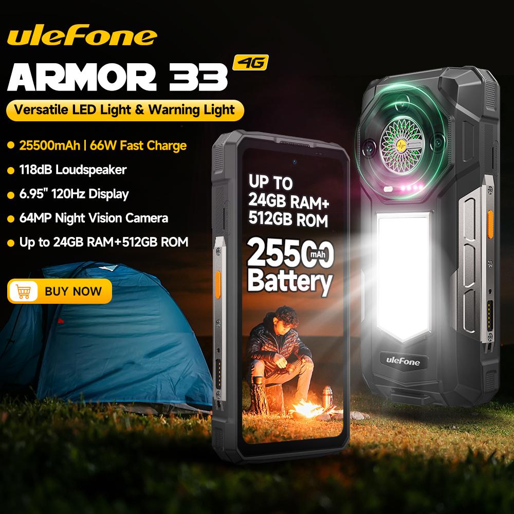 Ulefone Armor 33 4G Rugged Phone 25500 mAh 512GB ROM Up to 24GB RAM 120Hz 6.59" NFC Android 15 66W Global Version Smartphone