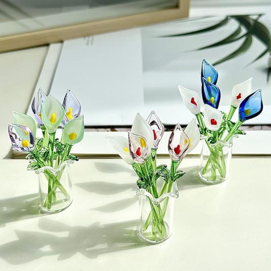 Handcrafted Glass Callalily with Stem Hand-Blown Mini Glass Flower Figurine Decoration Home Living Room Office Colorful Floral Ornament