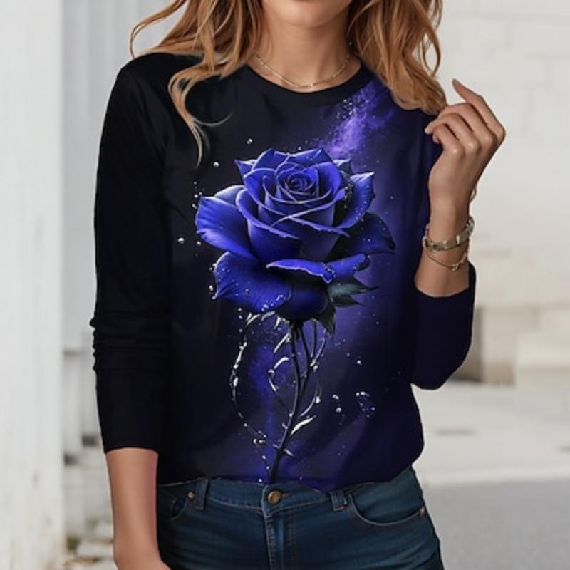 

Женская футболка Футболка Розовый Цветочный Принт Праздничные Выходные Мода Длинный Рукав Круглый Вырез Розовый Весна и Осень 2XL