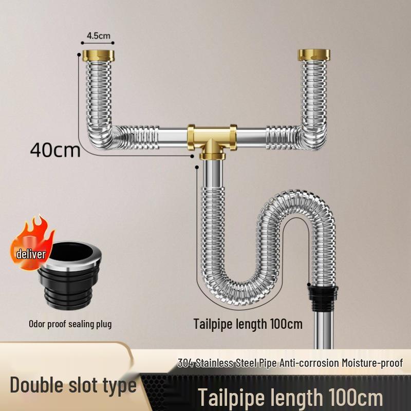 Stainless Steel Kitchen Sink Drain Pipe Set with Anti-Odor Features for Single or Double Sinks and Dishwasher Integration