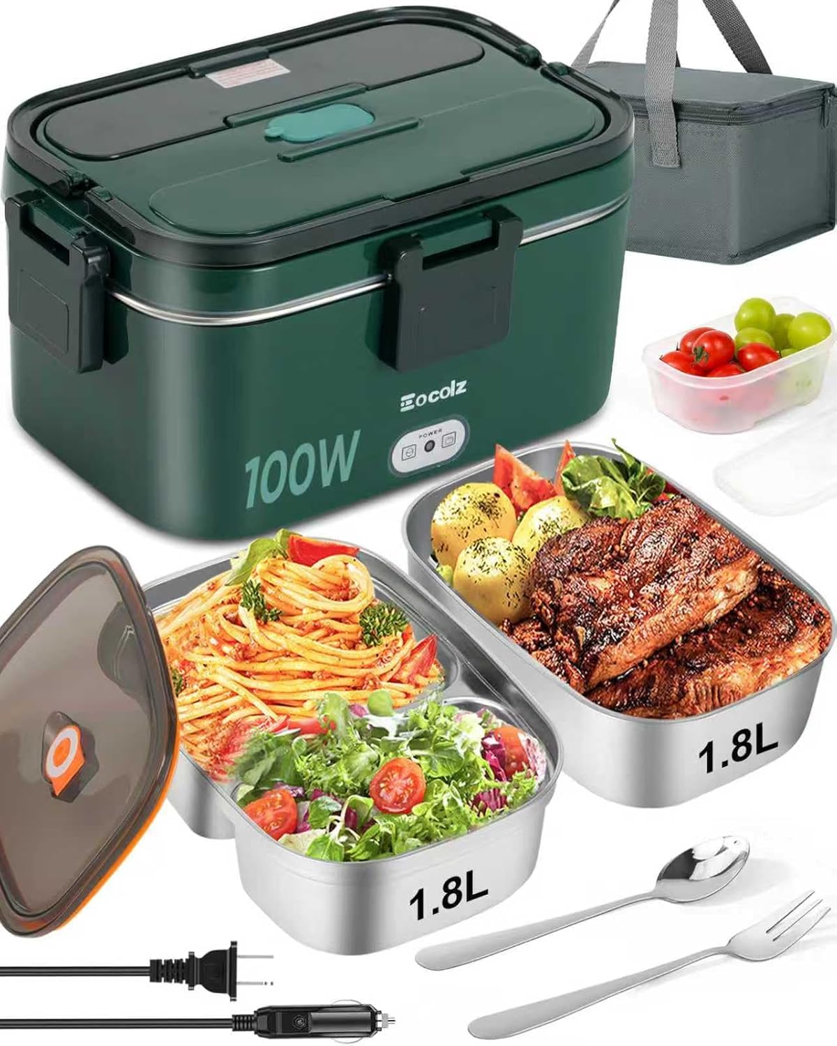 Electric Lunch Box 100W, 1.8L Food Warmer with Dual Containers, Portable Heated Lunch Box for Car, Truck, Work, Stainless Steel зелёный