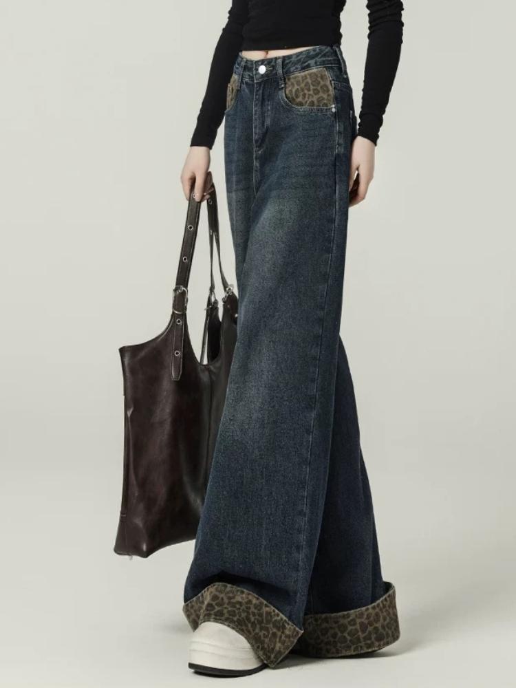 Design Sense Retro Stitching Leopard Print Rolled Jeans Women's Mop Pants Autumn and Winter New Loose Wide-leg Pants Ins