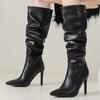 Black White Knee High Boots Women Winter Shoes New 2024 Sexy Pleated Women's High Long Boots Large Size Footwear Point Toe