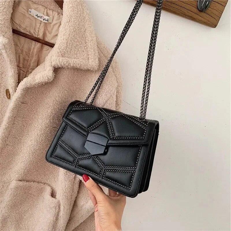 Vintage Rivet Chain Small Shoulder Bags For Women Flap PU Leather Fashion Small Square Crossbody Bag  Handbag