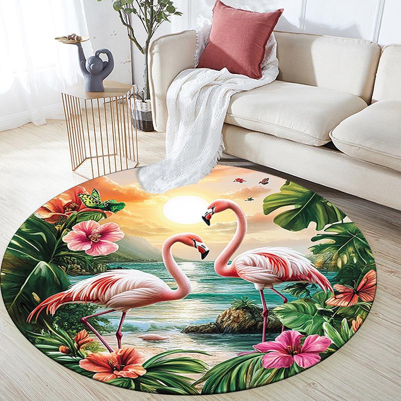 Flamingos Sunset Beach Round Area Rug,Carpet Rug for Living Room Bedroom Sofa Playroom Decor,Non-slip Floor Mat