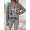 Women S Crew Neck Long Sleeve Knit Sweater With Flower Embroidery