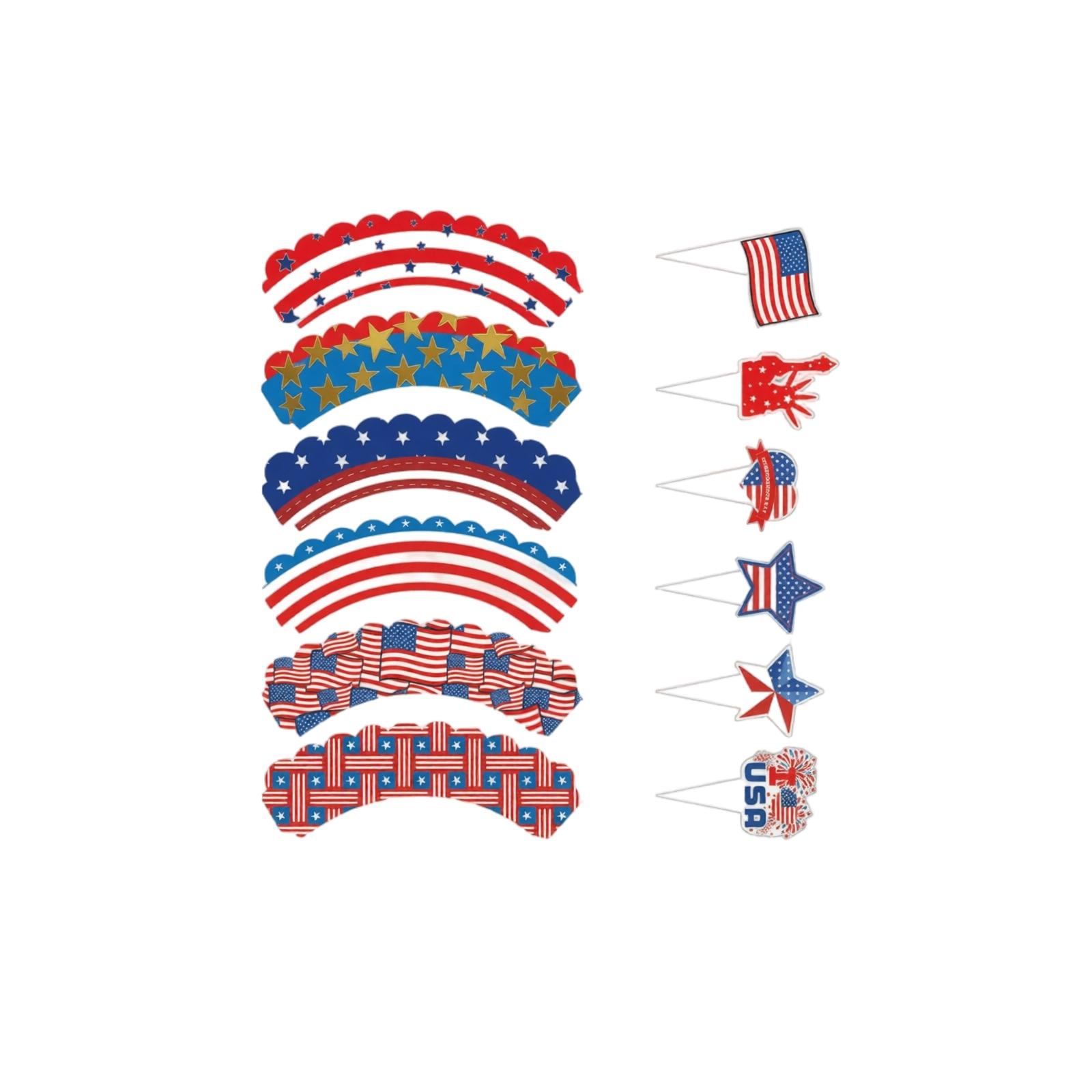 

Independence Day Cake Wrappers and Picks Set USA Themed Party Decorations Cupcake Holders and Toppers for 4th of July Celebration One Size