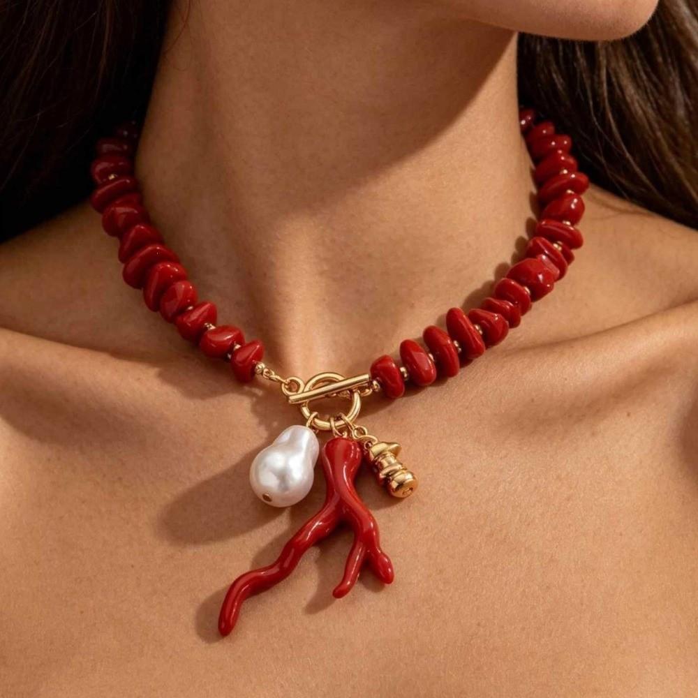 Red Pendant Choker Necklaces Irregular Bridal Jewelry Accessories Coral Beads Necklace For Women