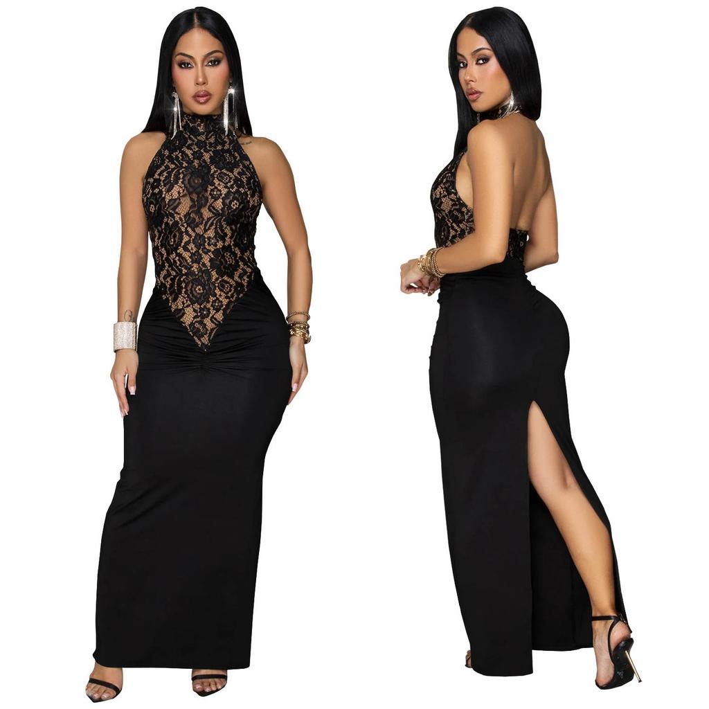 Women's Sexy Halter Lace Sleeveless Split Dress - European/American Fashion