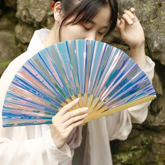 Folding Fan Colorful Handheld Fan with Bamboo Bones for Festivals Rave Parties Performance Home Decoration