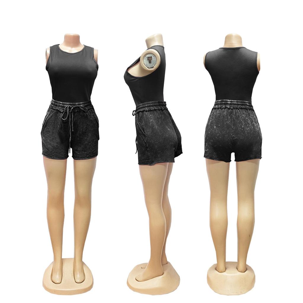 TW741 European-American Style Cotton Shorts & Sexy Tank Top Casual Two-Piece Set