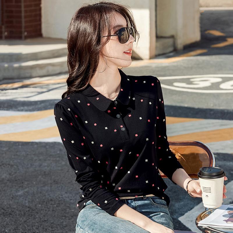 Women's Spring T-shirt New All-over Printed Long-sleeved Lapel Polo Shirt Korean Version Slim Fit Cotton Comfortable Temperament