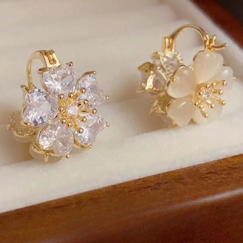 Five-Petal Cat's Eye Zircon Flower Earrings - Double-Sided Lotus Pond Moonlight Design