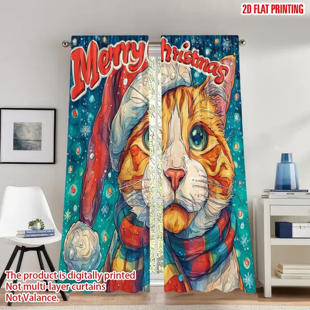 

Плоская Печать Рождественская Вечеринка Шторы Милый Кот Праздничные Снежинки Цифровая Печать Полиэстер Шторы Набор Из 2 Штук W100*H70(CM)-Hooks&1PCS