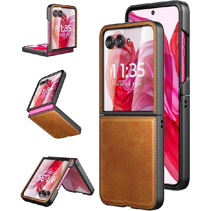 Foluu for Motorola Razr+ (Plus) 2024 Case, with Front Built-in Screen Protector, PU Leather + Hard PC Shell Ultra Thin Slim Durable Protective Phone