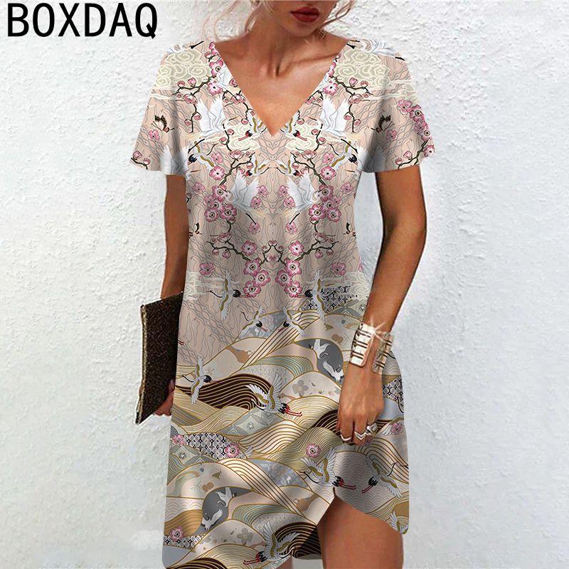 Elegant Women's Dress Summer Short Sleeve V-Neck Casual A-Line Dress Beach Holiday Dress Big Size Lady Vestidos