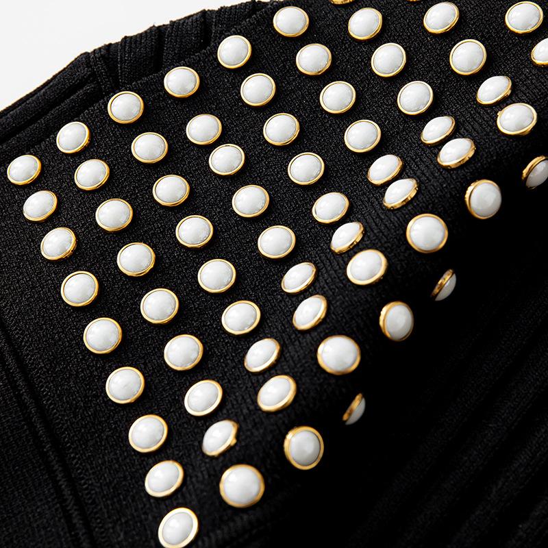 S Home High-end French Elegant Lady Black Lapel Short Sleeve Single-breasted Hot Diamond Skinny Long Knitted Dress