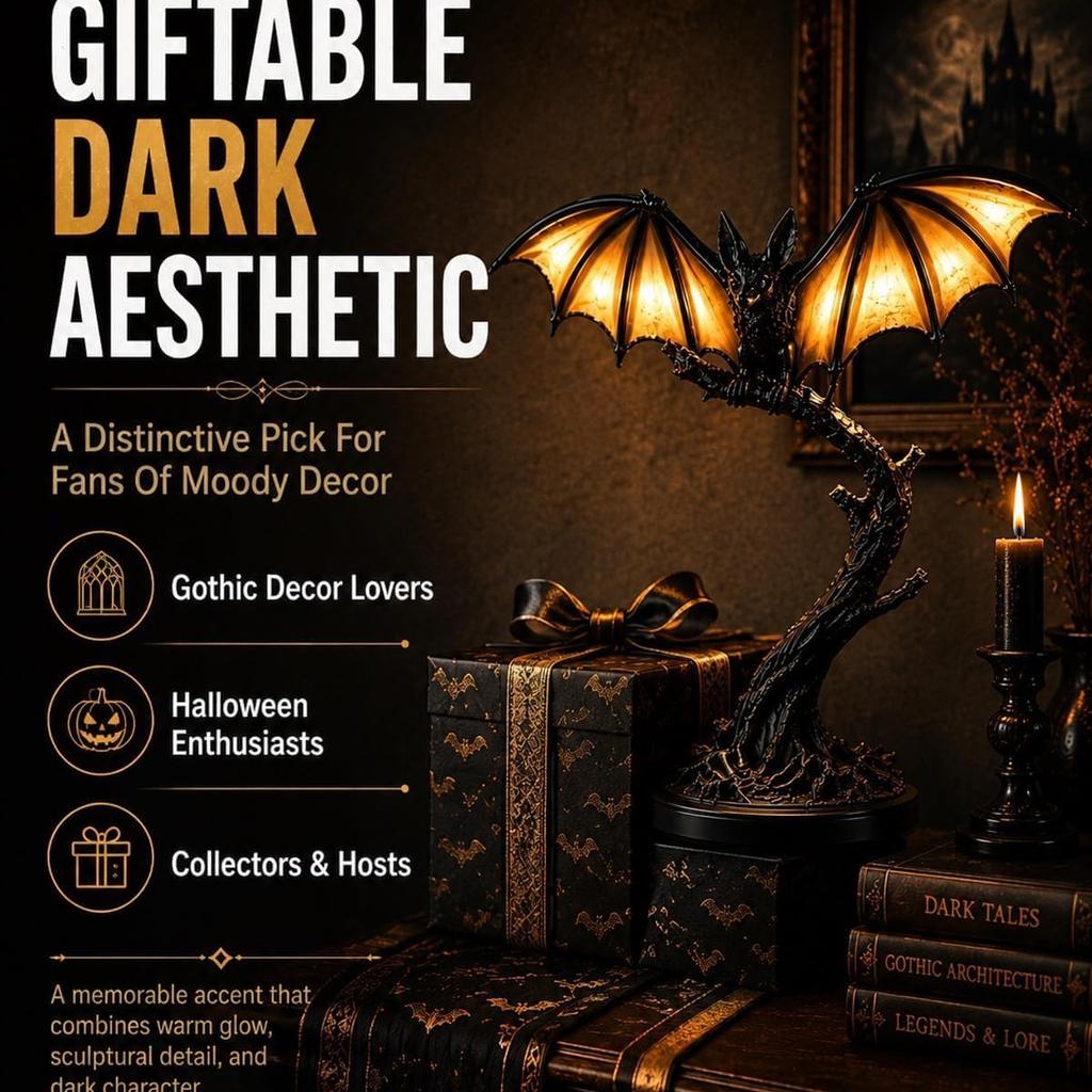 Halloween Glowing Bat Desk Lamp, Resin Bat Statue Night Light with Glowing Wings, Gothic Spooky Tabletop Decor Lamp, Vintage Accent Desk Light