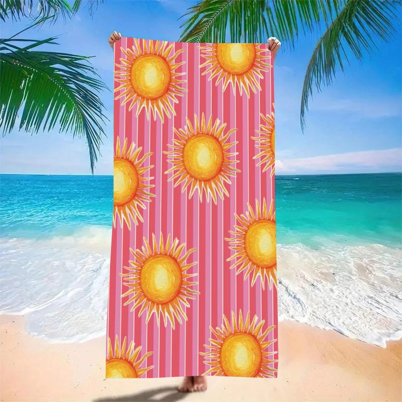 Sunny Day Beach Towel Pink Striped With Yellow Sun Motif Cheerful Summer Vibes Absorbent Towel