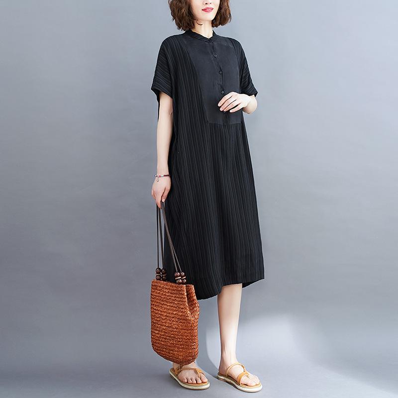 Summer Literature Plus Loose Fit Solid Color Round Neck Short Sleeved Mid Length Dress for Women