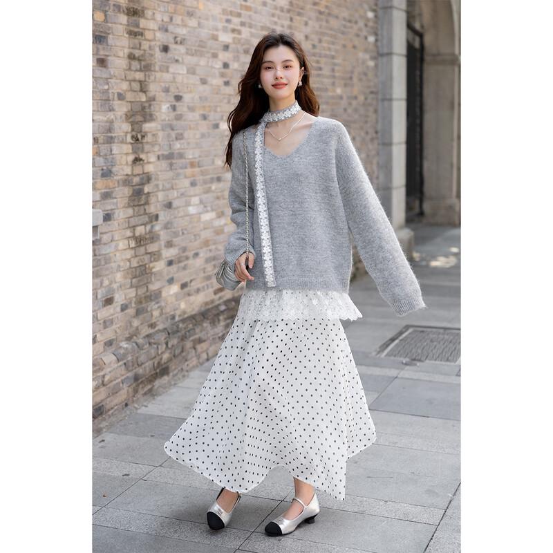 Mokana Autumn/Winter Tie-Neck Lace Panel Knit Sweater