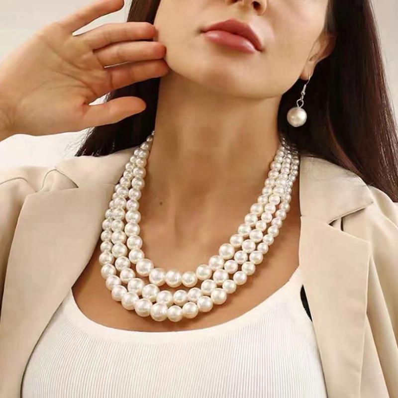 European and American Fashion Pearl Layered Necklace and Earring Set for Women
